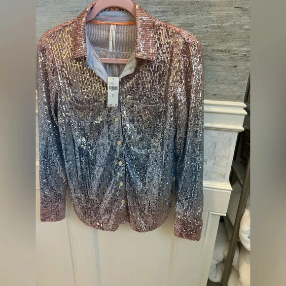 NWT new Anthropologie ombré sequin button down shirt XS blue peach pastel - Picture 12 of 17